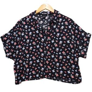 Hot Topic Mushroom Butterfly Cropped Shirt Sz m Black Rayon Button Down